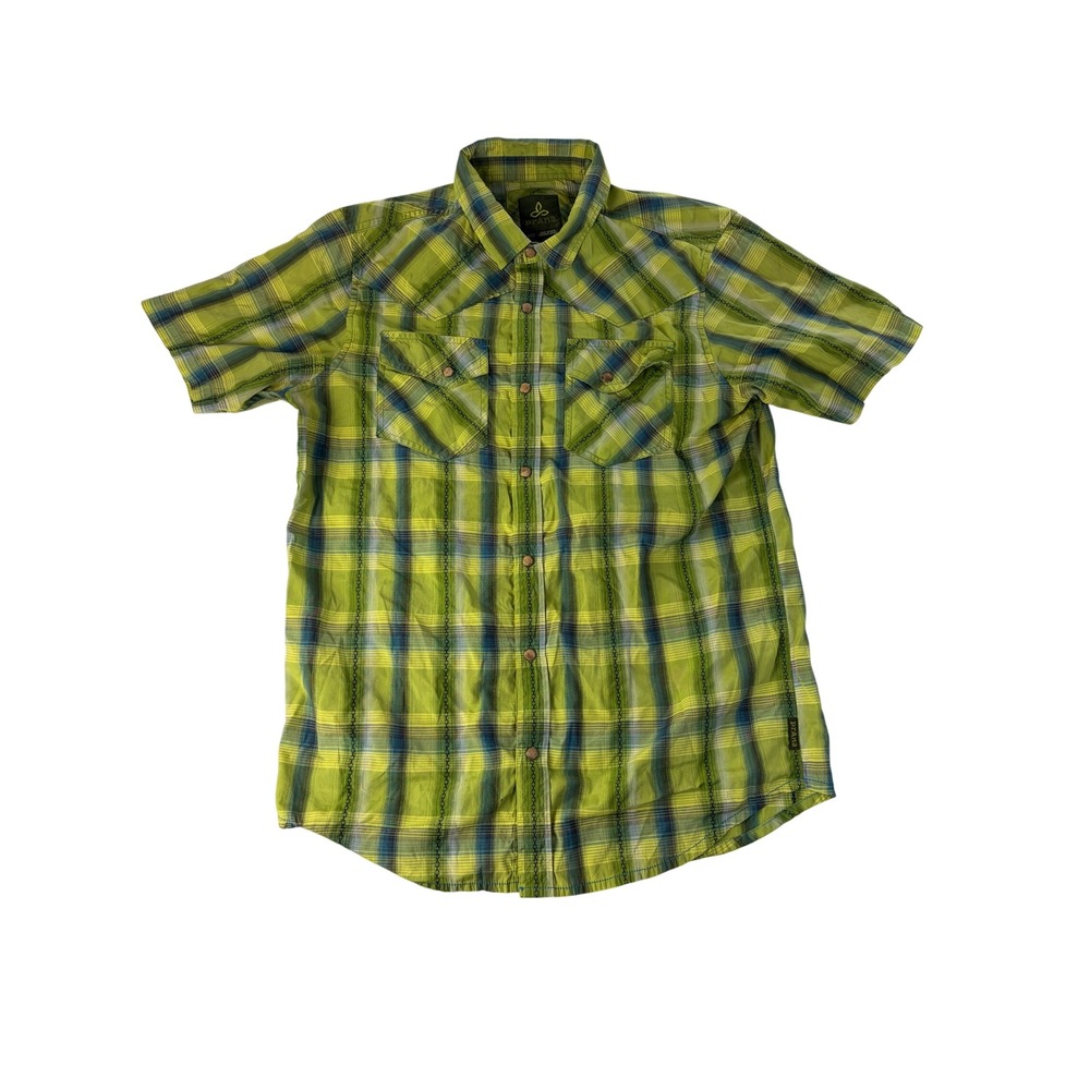 Prana Shirt Mens Medium Plaid Snap Front Embroidered Western Plaid Short Sleeve